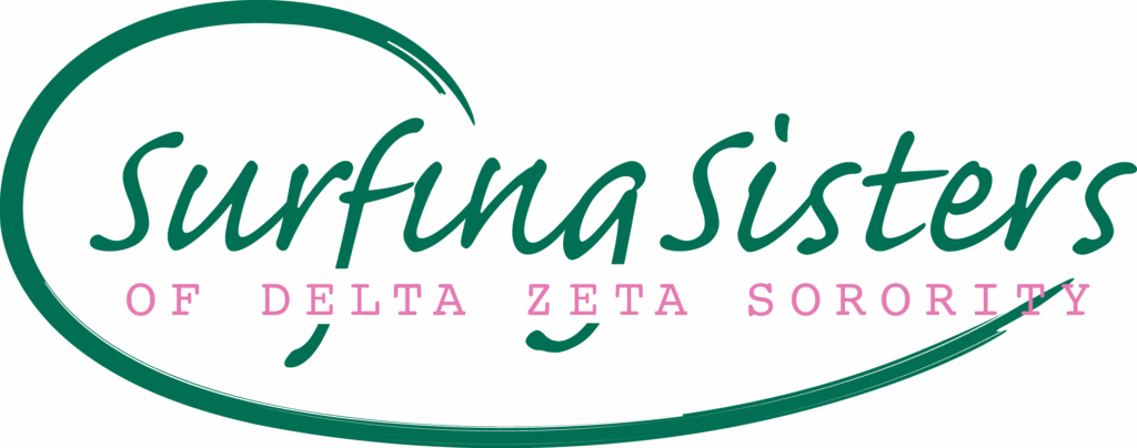 Surfing Sisters of Delta Zeta Sorority's logo. A green wave shape has "Surfing Sisters" in green inside the wave with "of Delta Zeta Sorority" is written in pink below it.